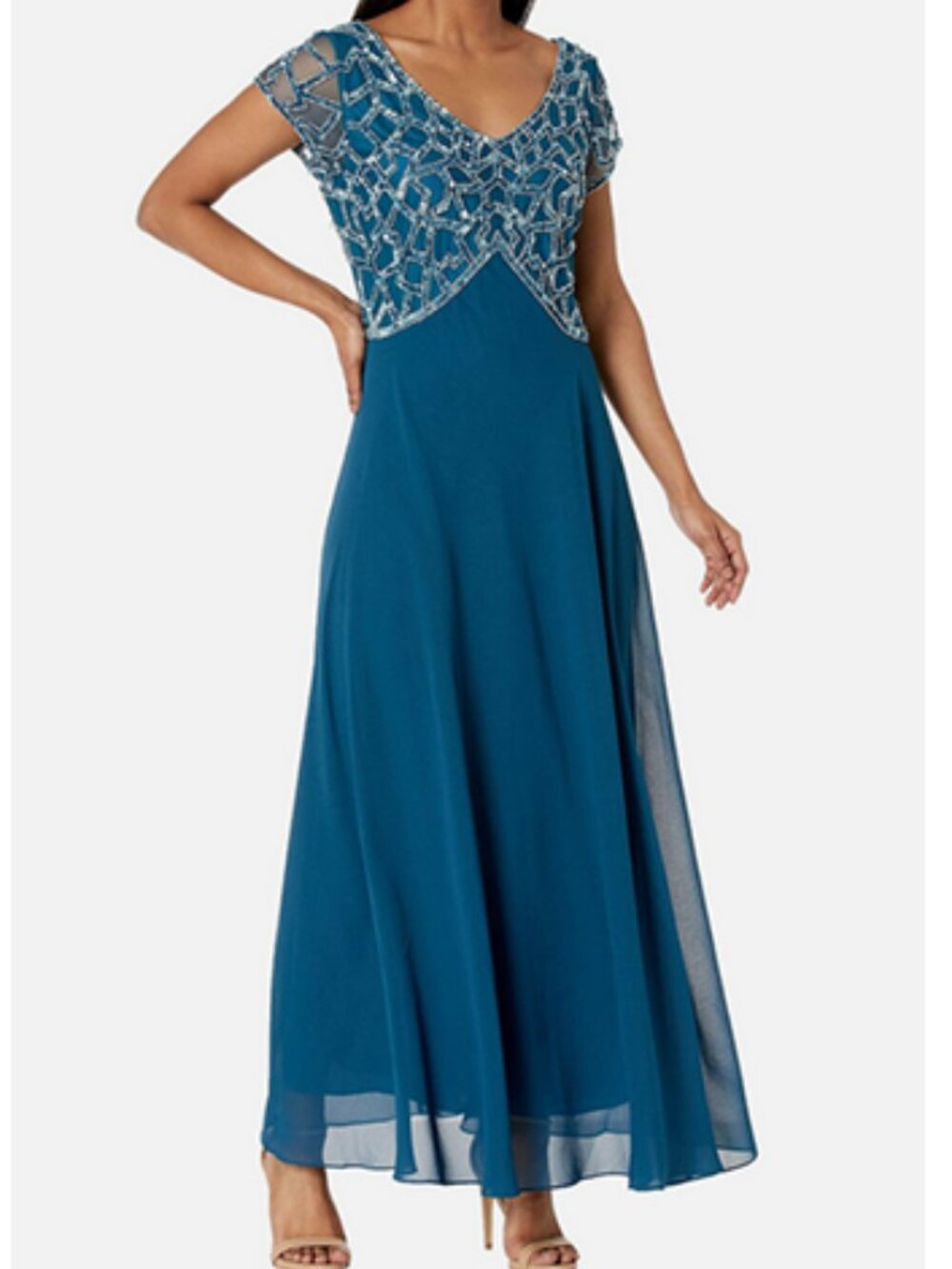 J Kara Women's Short Sleeve Geo Long Beaded Gown AQUA 18W
